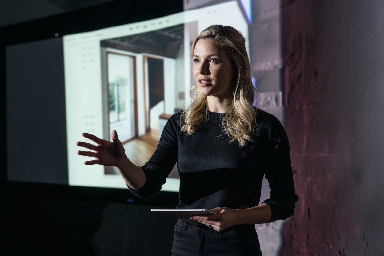 Blonde Schweizerin präsentiert